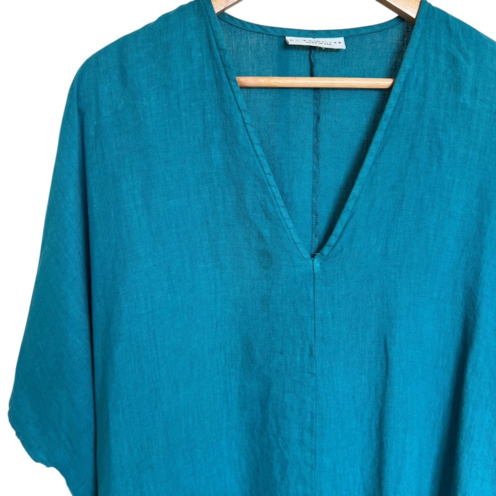 Bryn Walker 100% Linen Dark Teal Baxter Short Sleeve Sharkbite Hem Tunic Top XL - Picture 3 of 13